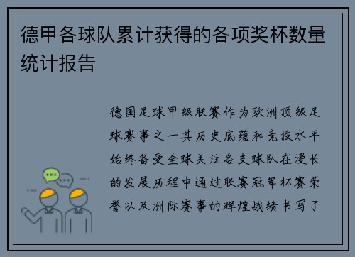 德甲各球队累计获得的各项奖杯数量统计报告